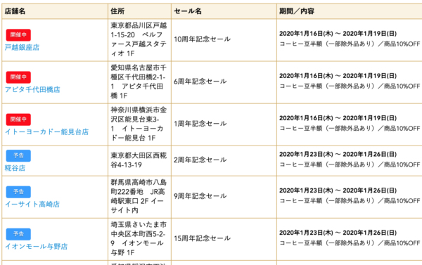 カルディのセール店舗情報